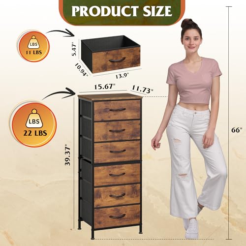 WLIVE Tall Dresser for Bedroom, 6 Drawer Vertical Fabric Dresser, Skinny Chest of Drawers, Narrow Storage Tower with Wood Top and Metal Frame, Tall Nightstand for Closet, Rustic Brown Wood Grain Print - color: Rustic Brown Wood Grain Print, size: 11.73"D