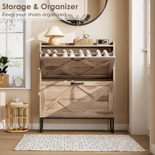 Nicetree Shoe Cabinet with 2 Flip Drawers，Freestanding Shoe Storage Cabinet, Narrow Shoe Organizer Cabinet, Farmhouse Slim Shoe Rack Cabinet for Entryway,Toasted Oak - color: Toasted Oak, style: 2-Drawers