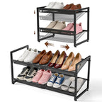 Expandable Shoe Rack, 2 Tier Adjustable Shoe Organizer with Flat & Slant Dual Use Design, Space Saving Shoes Stand for Closet & Entryway, Sturdy Dense Metal Grid Shoe Holder for High Heels, Sneakers