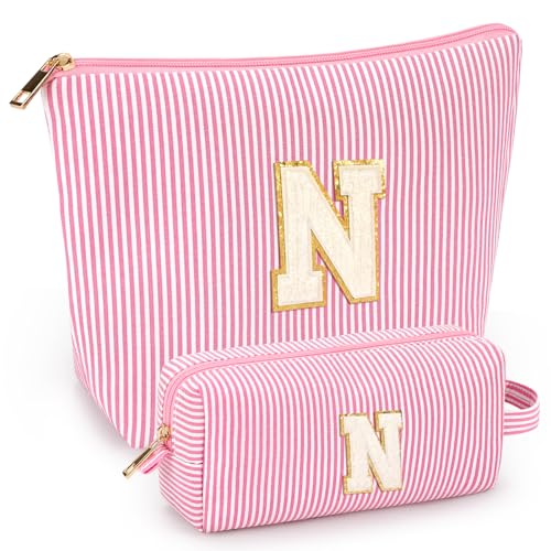 2 PCS Initial Makeup Bags for Women: Cosmetic Bag for Travel Toiletry - Birthday Gifts for 11 12 13 14 15 16 17 18 Years Old Girl Graduation Teacher Gift- Teen Girl Gifts Trendy Stuff - Pink N - color: Pink, style: N