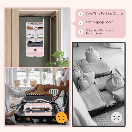 Surblue Hanging Closet Storage Bag Collapsible 3-Shelf Washable Oxford Fabric with 2 Hooks (L 11.41 * 11.41 * 19.68in, Pink) - color: Pink, size: L 11.41*11.41*19.68in