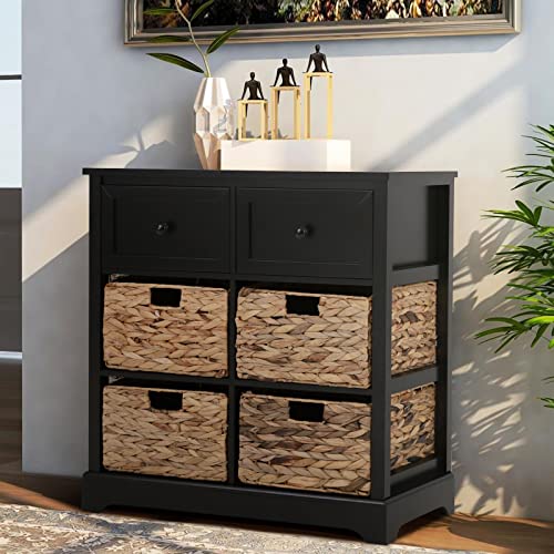 PHI VILLA Black Storage Cabinet with Baskets, Accent Chest for Bedroom Cabinet with Drawers Rattan Cabinet End Table - color: Black, size: 4 Baskets