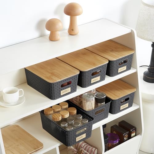 Bagnizer Small Plastic Storage Bins with Bamboo Lids 5.2qt Stackable Box Basket Pantry Decorative Containers Cute with Lable for Organizing Desktop Closet Office Gray of 6 packs 10 * 7.2 * 4.1" - color: Gray, size: Small- 6 Pack