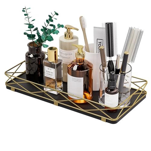 Lixple Toilet Paper Basket Holder, 13" Toilet Tank Tray, Wood and Metal Toilet Tray Vanity Organizer Bathroom Tray, Kitchen Sink Organizer for Soap Dispenser (Black + Gold) - color: Black+gold