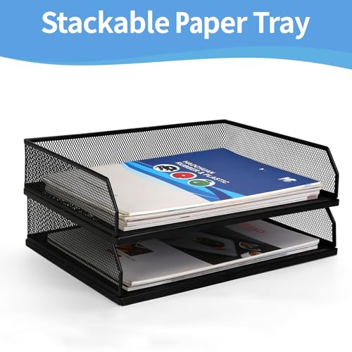 Paper Tray Desk Organizer, 2 Pack Stackable Letter File Tray, Wire Mesh Desktop Organizer, Front-Load Metal A4 Paper Sorter Documents Storage Holder Tray for Office Supplies Home School Classroom - size: Transverse