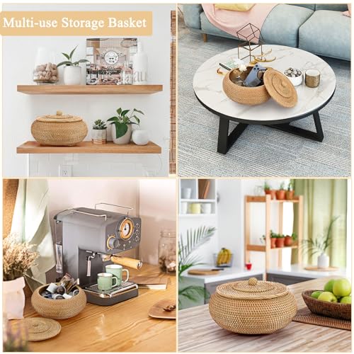 Hipiwe Round Rattan Boxes with Lid Natural Woven Storage Basket Bin Multi-Purpose Wicker Tray Weaving Decorative Shelf Basket Farmhouse Picnic Bread Fruit Table Storage Basket - size: Large，8.9"D x 4.7"H