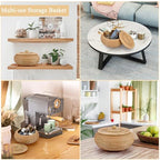 Hipiwe Round Rattan Boxes with Lid Natural Woven Storage Basket Bin Multi-Purpose Wicker Tray Weaving Decorative Shelf Basket Farmhouse Picnic Bread Fruit Table Storage Basket - size: Large，8.9"D x 4.7"H