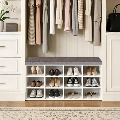 DINZI LVJ Shoe Storage Bench with Cushion, Cubby Shoe Rack with 12 Cubbies, Adjustable Shelves, Multifunctional Shoe Organizer Bench for Entryway, Mudroom, Hallway, Closet and Garage, White - color: White, size: 12 Cubby