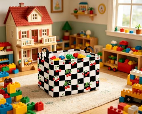 Rectangular Cherry baskets,Racing flag basket,Kids Storage Bins,Waterproof Collapsible Storage Bin,Toy Storage Bin,Cute Organizer Box,Book baskets,Girl room Decor(Cherry) - color: Cherry