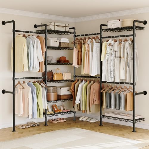 ONBRILL L4 Wall Mounted Industrial Pipe Clothing Rack, Closet Organizer System with 6 Hanging Clothes Rods ( 4 Expandable Rods) & 8 Shelves, Heavy Duty Corner Garment Rack, Large Wardrobe - Black - color: Black