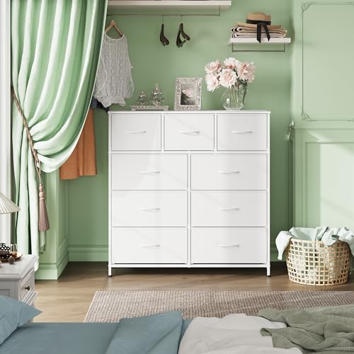 WLIVE 9-Drawer Dresser, Fabric Storage Tower for Bedroom, Hallway, Closet, Tall Chest Organizer Unit for Bedroom with Fabric Bins, Steel Frame, Wood Top, Easy Pull Handle, White - color: White