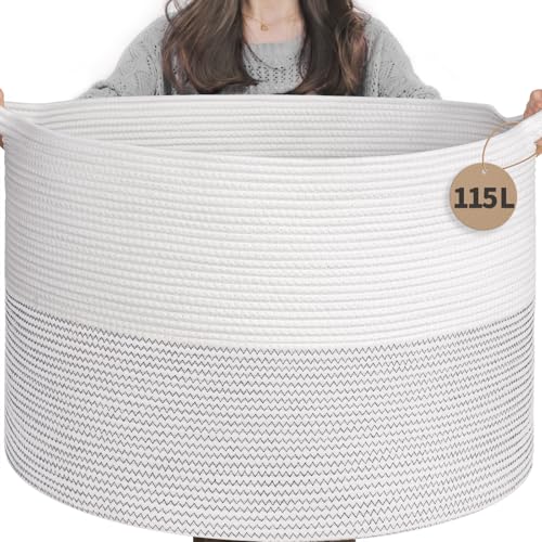 INDRESSME 115L Extra Large Blanket Basket, Cotton Rope Toy Baskets Storage Kids Toy Bin for Playroom Decor Woven Baby Laundry Basket for Organizing, Black Stitch - color: White, size: 23.6"D x 15.7"H