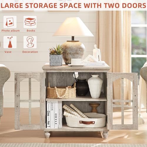 RWYHG Farmhouse 24" End Table Set of 2 with Charging Station, Large Sofa Side Table with Glass Barn Door,Wood Night Stand with Adjustable Storage Shelf,Square Bedside Table for Living Room,Bedroom - color: Grey, size: Set 2