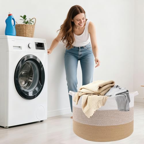 115L Large Blanket Basket,23.6"L x 23.6"W x 15.7"H Rope Woven Baskets with Handles, Toys Storage Bins,Laundry Basket Perfect for Living Room, Nursery,Bedroom,Home Organization,Yellow - color: Yellow, size: 23.6"L x 23.6"W x 15.7"H(115L)