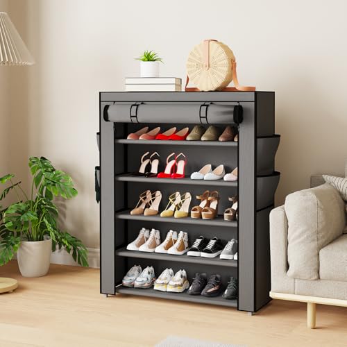 Mavivegue Shoe Rack with Cover, 5 Tier Shoe Organizer for Entryway, Shoe Storage for Front Door Entrance, Closet, Garage, Grey - color: Grey, size: 5-Tier-Large