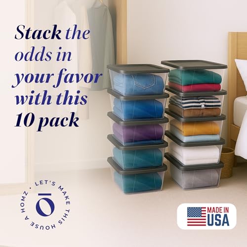 HOMZ 10-Pack Snaplock, Small Clear Plastic Storage Organizer Bins w/Lids, 6 Quart, Gray - Stackable Container Boxes for Bedroom, Bathroom, Garage, and Office Organization - color: Gray Lid, size: 6 QT (10 Pack)