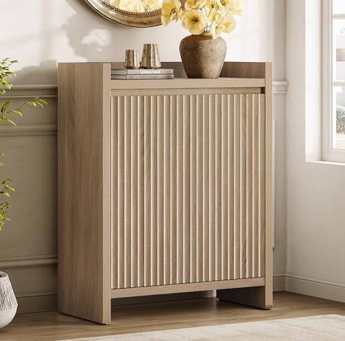 Sicotas Shoe Cabinet - Fluted Shoe Storage Cabinet with Thickened Panels for Entryway, 24-Pair Shoes Organizer with Doors & Adjustable Shelves, 6-Tier Shoe Rack Storage Cabinet for Hallway Living Room - color: Reclaimed Light Oak, size: 1 Piece