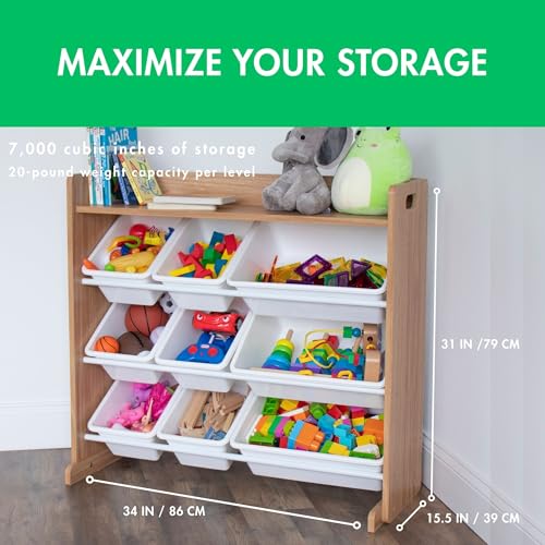 Humble Crew Toy Storage Organizer with Top Shelf and 9 Removable Bins, Natural/White – Toddler Bookshelf with Toy Organizer - Modern Toy Rack Ideal for Kids' Rooms, Playrooms, and Nurseries - color: Natural Wood/White