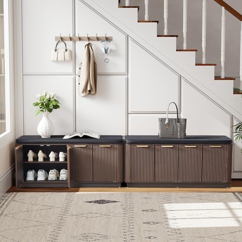 Fluted 2-Tier Entryway Shoe Bench with Doors and Adjustable Shelf, 43.3'' Wide Shoe Storage Bench with Cushion Seat for Entrance, Hallway, Living Room, End of Bed - Espresso - size: Door-espresso