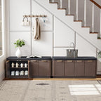 Fluted 2-Tier Entryway Shoe Bench with Doors and Adjustable Shelf, 43.3'' Wide Shoe Storage Bench with Cushion Seat for Entrance, Hallway, Living Room, End of Bed - Espresso - size: Door-espresso