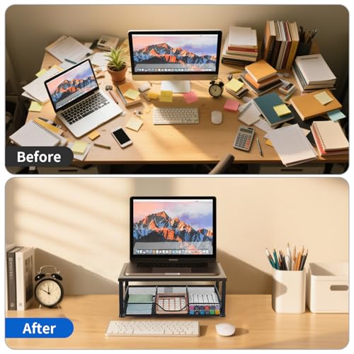 Small Laptop Stand for Desk, Monitor Stand Riser, Desk Organizer for Office Organization, Office Desk Accessories, Computer Desktop Stand with Drawer for Home, Office, School (Black) - color: Black
