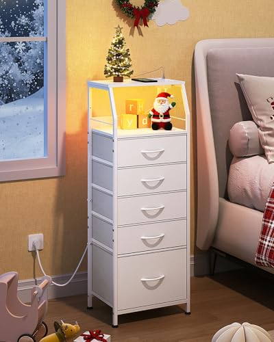 WLIVE LED Nightstand with Charging Station, White Dresser with 5 Fabric Drawers for Bedroom, Tall Night Stand with Open Shelves, Bed Side Tables Living Room - color: White, size: 5 Drawers