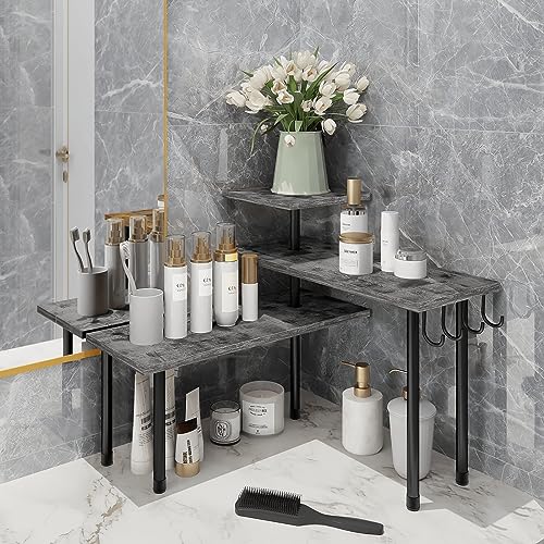 Homode Kitchen Countertop Organizer, 3 Tier Corner Shelf Bathroom Counter Organizer, Wooden Counter Shelf Stand Space Saver, Easy Assembly, Rustic Grey - color: Rustic Grey, With Hooks