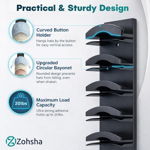 2 Pack Hat Organizer for Baseball Caps, Hat Rack with Strong Adhesive, Wall Mounted Hat Hooks for Hat Storage Display, Holds up to 20 Hats, Multi-Layer Cap Organizer for Closet Door and Bedroom(Black)