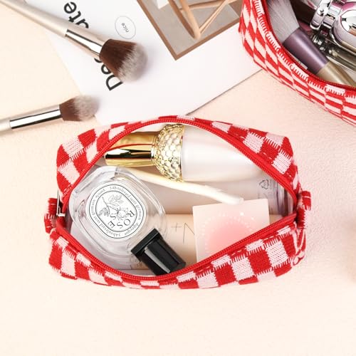 SOIDRAM 2 Pack Checkered Makeup Bag for Women, Cute Makeup Pouch Small Makeup Bag Travel Cosmetic Organizer for Toiletries, Brushes & Skincare - color: Red checkered, size: 2 Pack