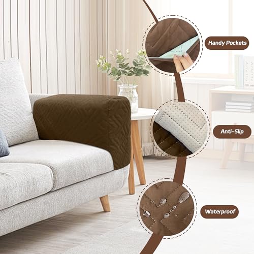 MEHIDFY Sofa Arm Cover, Waterproof Couch Armrest Protector, Anti-Slip Sofa Cover, Remote Holder for Armchair, Recliner Caddy with 3 Pockets for TV Remote, Phone, Pad, Pen, Book(Brown 2pcs) - color: Brown