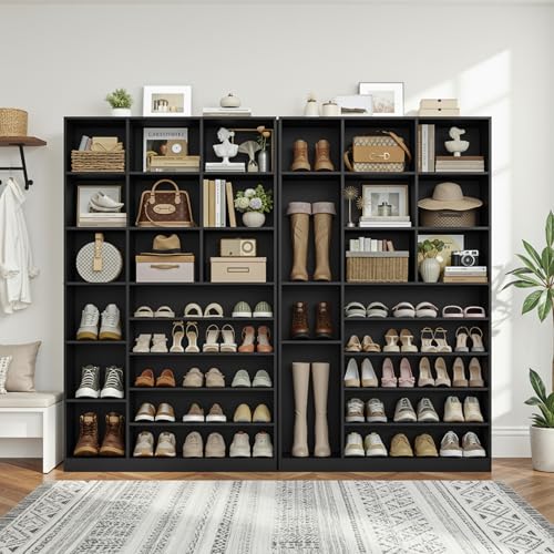 Keyluv 74" Tall Shoe Cabinet for Entryway, Modern 6-Tier Large Shoe Storage Organizer for 27-32 Pairs, Multi-Functional Wood Display Shelf & Bookshelf for Closet, Hallway & Living Room, Black - color: Black