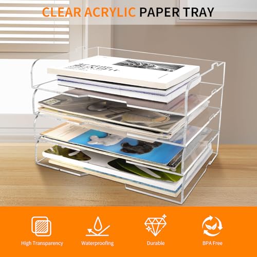 4 Pack- Stackable Paper Letter Tray,Clear Acrylic Magazine Holder and File Organizer - Sleek Desk Organizer for Home Office, Bookshelf, or Workspace - Space-Saving Transparent Document Holder - style: Stackable-4 Pack
