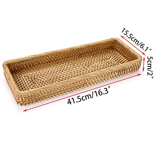 Sumnacon 16 Inch Rattan Bathroom Vanity Tray - Decorative Wicker Toilet Tank Tray for Paper Hand Towel, Vintage Storage Basket Bin for Bathroom Kitchen Toilet Tank Vanity Countertop Table Shelf - color: Yellow, size: 16" x 6.5" x 1.8"
