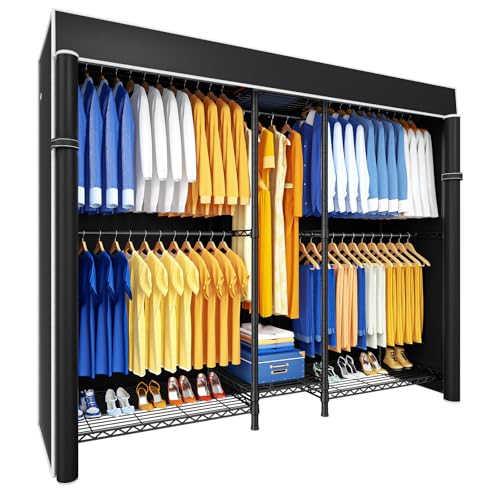 Ulif E12C Pro Heavy Duty Closet Organizer System，Freestanding Clothing Rack, Adjustable Garment Rack 71" W x 16" D x 76.5" H Holds 960 lbs, Black Rack with Black Dustproof Cover - color: Black Rack With Black Cover, size: E12C Pro