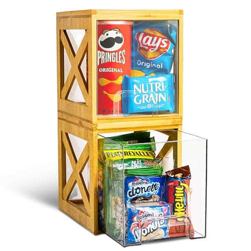 Stackable Bamboo Snack Drawer Organizer (2 Pack) – Pull-Out Storage Bins with Clear Acrylic Drawers – Pantry Storage for Snacks, Coffee Pods, Spices & K-Cups