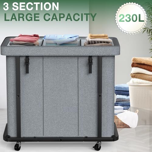 60 Gal (230L) High Grade Large Laundry Basket with Wheels, Rolling Laundry Hamper, Laundry Cart with Metal Frame and Removable Bag Design, Suitable for Laundry Room, Bedroom (Grey, 3 Section 230L) - color: Grey, size: 3 Section 230L