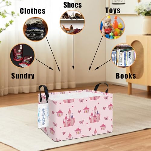 LANGYASHAN Rectangular Girl Storage Bin Collapse Canvas Fabric Cartoon Storage Basket with Handles for Organizing Home Kitchen Boys and Girls Toys Office Closet Shelf Baskets (Rec Pink Castle) - color: Rec Pink Castle