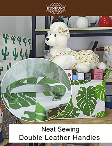 HUNRUNG Rectangle Canvas Storage Basket Foldable Waterproof Toy Organizer Bin with Handles Fabric Collapsible Storage Bins for Shelves Kids Room Playroom Nursery Clothes and Pet Supplies(Leaf) - color: Leaf