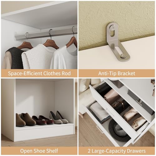 VOWNER 50'' Freestanding Closet System with Drawers & Adjustable Shelves & Rod, Wood Walk in Closet Organizer System, Shelving Unit, Garment Rack, Armoire Wardrobe Closet Bedroom White, BC - color: White