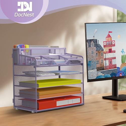 Docnest 5 Tier Mesh Desk Organizer for Paper Office Supplies – Multi-Functional Letter Tray with 5 Adjustable Compartments, 3 Pen Holders, Desktop Storage for Files, Mail, Stationery – Purple - color: Purple, size: 12.7" x 9.1" x 13.2"