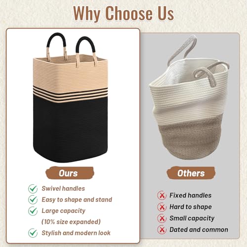 Laundry Basket Hamper,Blanket Storage,Dirty Clothes Hamper with Swivel Handles,Woven Cotton Rope Toy Baskets,Blanket Basket Living Room,Decorative Hampers for Nursery,Bedroom,Brown & Black,80L - color: Brown & Black, size: 80L