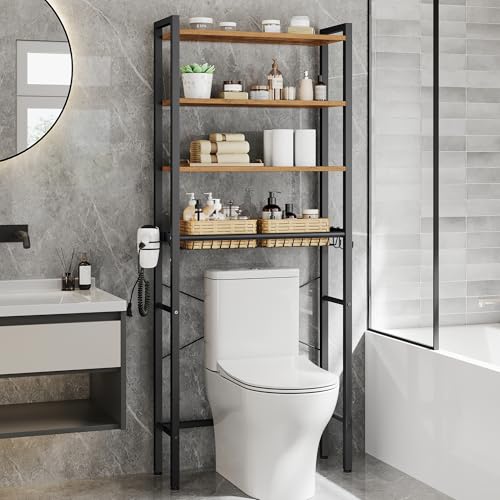 VASAGLE Over the Toilet Storage, Over Toilet Bathroom Organizer with Adjustable Shelves and Basket, 3 Hooks, Space Saving, 9.4 x 23.6 x 68.1 Inches, Rustic Brown UBTS114KD01S - color: Rustic Brown, style: 4 Tiers (68.1" H)