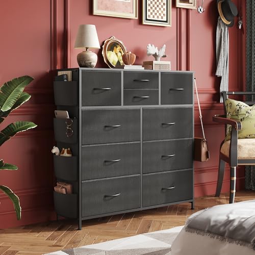 WLIVE Dresser for Bedroom with 10 Drawers, Fabric Dresser Chest of Drawers with Side Pockets and Hooks, Sturdy Metal Frame, Drawers Organizer Unit for Living Room, Hallway, Black - color: Black