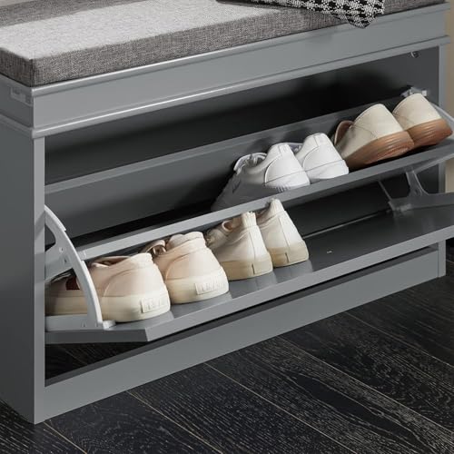 Haotian Grey Hallway Shoe Bench, Narrow Shoe Rack with Adjustable Shelf, Small Shoe Cabinet with 1 Flip-Drawer and Seat Cushion, FSR82-K-HG - color: Grey, size: 1 Drawer:24x9.4x20"