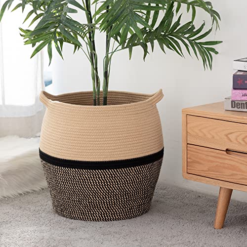 KAKAMAY Woven Baskets for Storage(17"x17"),Large Cotton Rope Woven Baby Laundry Hamper,Collapsible Laundry Basket, Blanket Basket for Organizing Living Room,Nursery,Clothes,Toy chest (Black) - color: Black