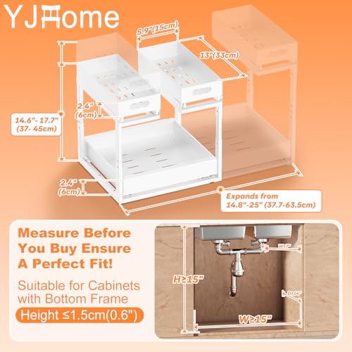 Upgrade 1 Pack Expandable Under Sink Organizers and Storage, 2 Tier Metal Pull Out Cabinet Organizer with 3 Slide Rails, Adjustable Height Slide Out Under Sink Drawers for Kitchen Bathroom Pantry - size: 1 Pack 15”-25”