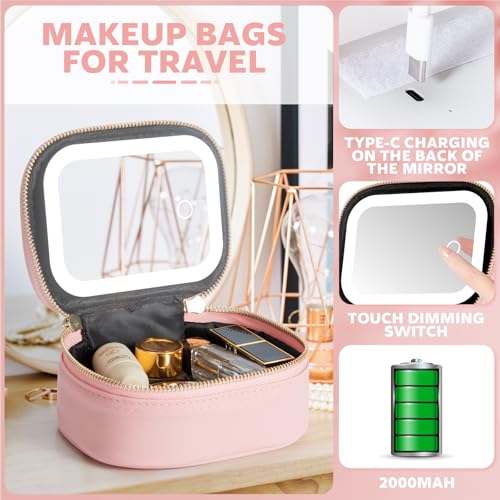 Mini Makeup Bag with Led Mirror, Small Travel Make up Bag 3 Light Modes Adjustable Brightness, for Women Organizer Cosmetic Bag, Portable Travel Train Toiletry Bag, for Pool Parties Work Touch-Ups - color: Pink