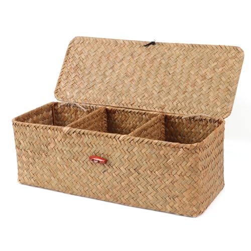 Moosky Wicker Shelf Baskets with Lid,Rectangular Seagrass Woven Storage Baskets with Dividers for Bathroom Organizer Small Bins Home Decor (Natural) - color: Natural