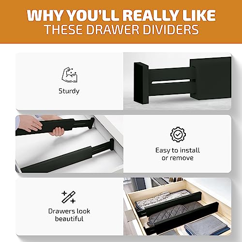 6-Pack Drawer Dividers - 2.6 Inches High, Adjustable 16 to 22 Inches Bamboo Drawer Organizer, Large Expandable Separator for Clothes, Dresser, Bedroom, Bathroom, Baby, Office, Kitchen Utensils, Black - color: Black