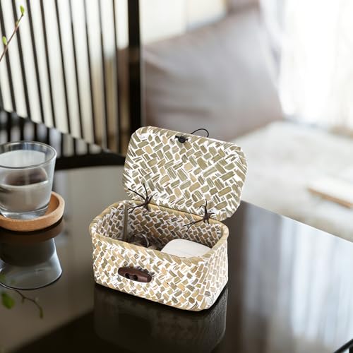 Hipiwe Wicker Shelf Basket Box with Lid Decorative Basket Handwoven Seagrass Storage Organizer Basket Decorative Basket, Whitewas 4.3" x 2.5" x 2.1" - color: Whitewash color, size: 4.3" x 2.5" x 2.1"